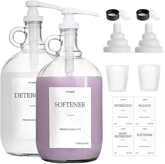 2 Pack Glass Laundry Detergent Dispenser - Gallon Fabric Softener Liquid Dispenser for Laundry Room (128 oz Each), Liquid Laundry Soap Dispenser - Includes Labels, Funnel, and Measuring Cup