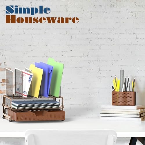 Simple Houseware Desk File Organizer for Office Supplies w/Drawer, Copper