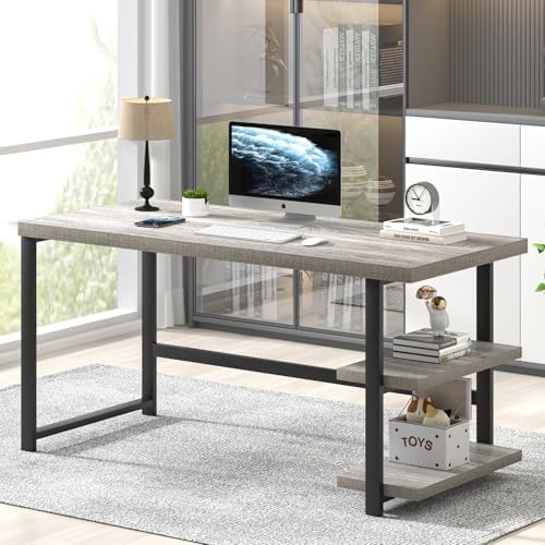 FOLUBAN Computer Desk, Modern Home Office Desk with Shelves, Wood Writing Study Gaming Table for Living Room Bedroom, Light Grey, 53 inch