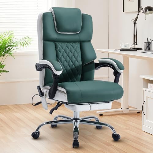 Massage Office Chair 6 Points 500lbs with Footrest,Reclining Leather Desk Chair with Vibration Heat,Executive Big and Tall Chairs for Heavy People,Adjustable Height Ergonomic Green