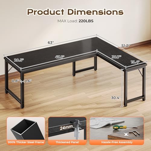 Huuger 63 Inch L Shaped Desk with 0.95 Inch Thicker Desktop
