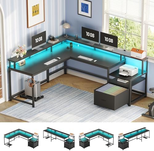 SEDETA 66" Reversible L Shaped Computer Desk with Power Outlet, File Drawer
