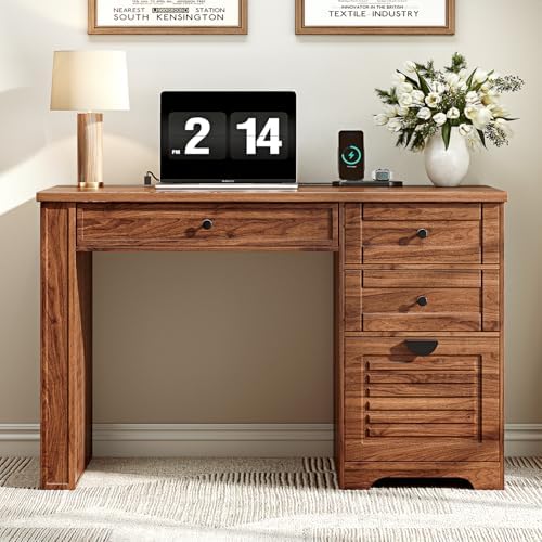 Ieejdn 47" Home Office Desks, Executive Desk, Farmhouse Computer Desk with Drawers and Charging Station, File Drawer, Storage Cabinet, Rustic Computer Writing Desk,Antique Tan
