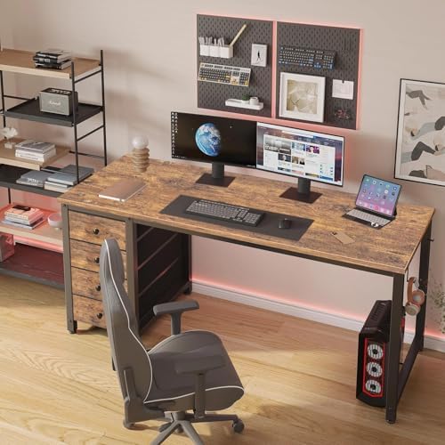 Lufeiya Computer Desk with Drawers - 55 Inch Long Study Work Writing Desk for Home Office Bedroom, Reversible Simple Modern Cute PC Desks with Fabric Drawer, Rustic Brown