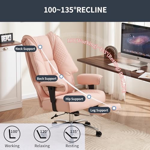 EXCEBET Big and Tall Office Chair 400lbs Wide Seat, Leather High Back Executive Office Chair with Foot Rest, Ergonomic Chairs Lumbar Support for Lower Back Pain Relief (Light Pink)
