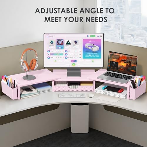 OPNICE Desk Organizers and Accessories, Dual Monitor Stand Riser with Drawer and 2 Pen Holders, Desk Shelf Computer Racks for Office Workspace Organizers, Desktop Organization (Pink)