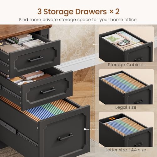 SEDETA Farmhouse 110.3" Two Person Desk with 7 Drawers, Long Computer Desk with Storage Cabinet, 2 Person Desk with Power Outlets for Home Office, Black+Brown