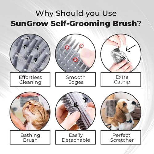 SunGrow Self-Grooming Brush for Ferrets & Cats, Light Gray Self Massager, Mountable to Corners and Flat Surfaces, Includes Brush, Catnip, Screws and Adhesive Tape (2 Pieces)