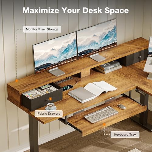 Casaottima 59" L Shaped Electric Standing Desk with Drawers, Rustic Brown