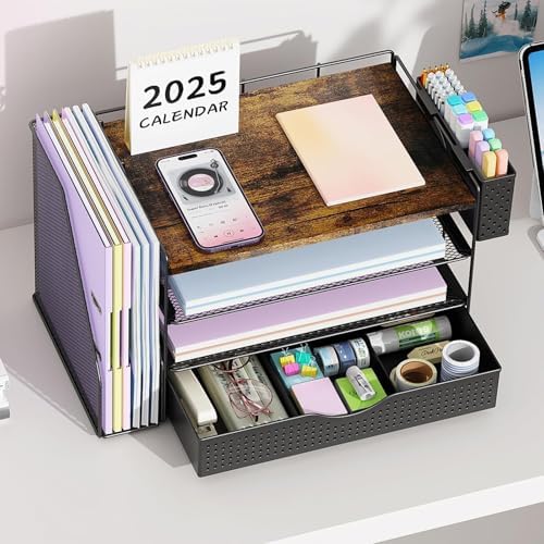 Wood Desk Organizers and Accessories with File Sorters, 4-Tier Desk Accessories & Workspace Organizers with Drawer and Pen Holder, Desk Reference Organizer (Wood, 4T with Drawer)