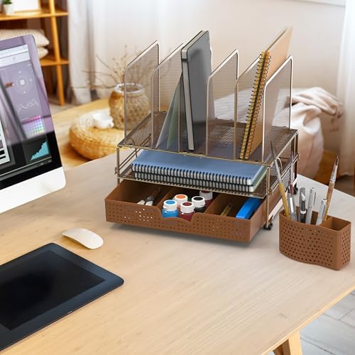 Simple Houseware Desk File Organizer for Office Supplies w/Drawer, Copper