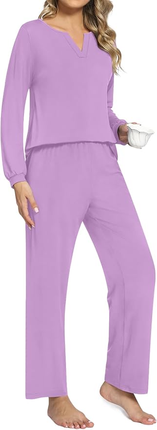 Anyally Women's Plus Size Pajama Sets Ladies Fall Pjs 2 Pieces Lounge Outfits V Neck Long Sleeves Sleepwear with Pockets