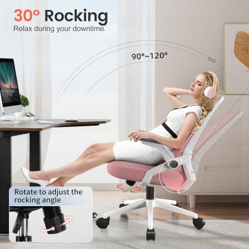 GTPLAYER Ergonomic Office Chair with Flip-up Armrests Executive Computer Chair for Home Office, Breathable Mesh & Comfy Lumbar Support, Pink