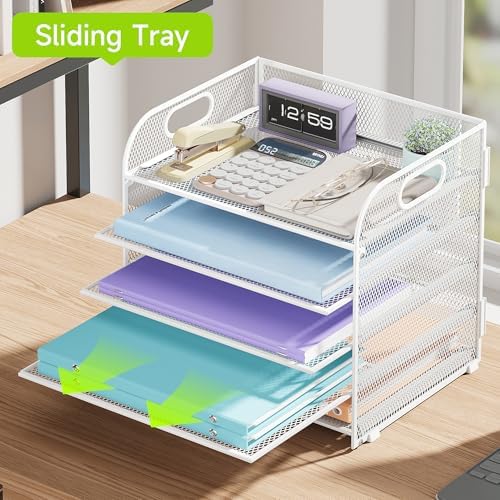 Cawukege 2 Pack 5 Tier Paper Organizer, Letter Tray with Handle, Mesh Desk Organizer, Metal File Organizer, Office Desk Accessories for Home, Office, Classroom, School (White, 2)