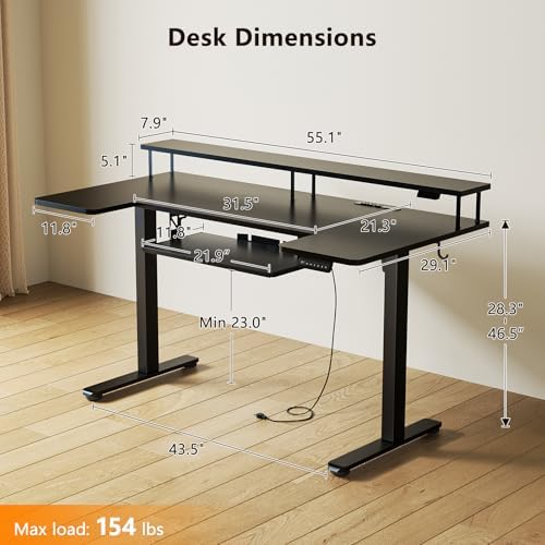 OffiGo 55 Inch U Shaped Electric Standing Desk with Keyboard Tray, Black