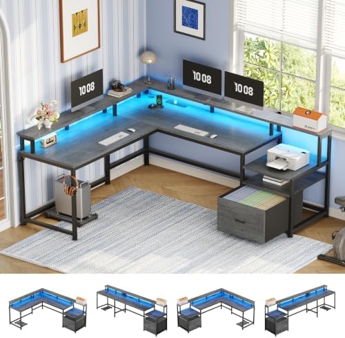 SEDETA 66" Reversible L Shaped Computer Desk with Power Outlet, File Drawer