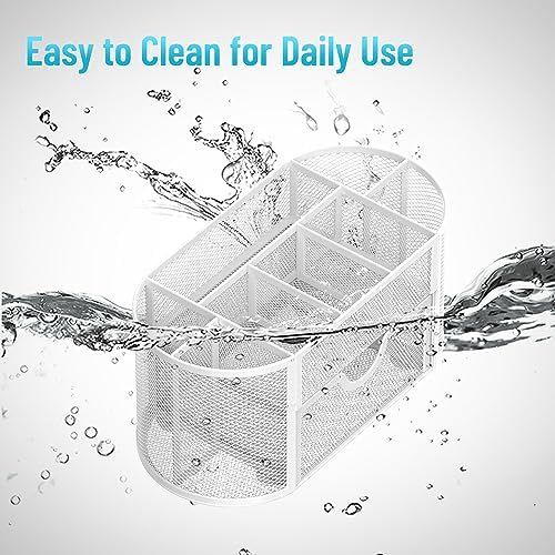 Mesh Desk Organizer with Drawer, 9-Compartment Pen Holder for Desk, White