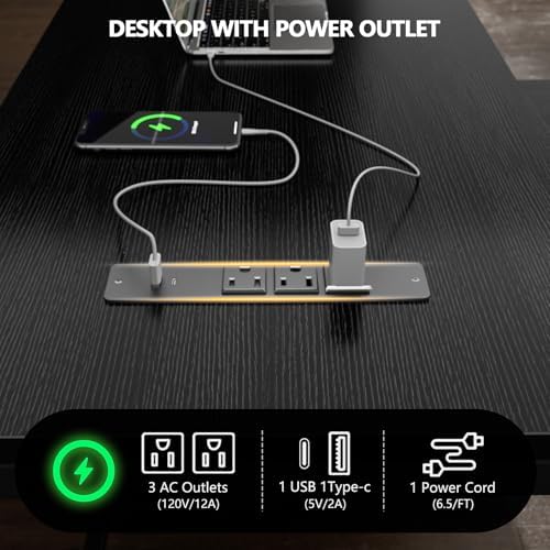 Korfile 59 inch L Shaped Computer Desk with Power Outlets, Black