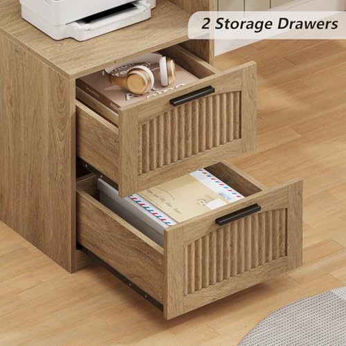 63" Fluted L Shaped Desk with Drawers & Printer Shelf for Home Office