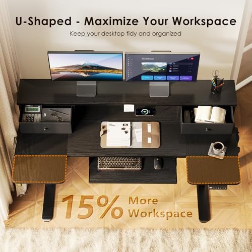 OffiGo 55 Inch U Shape Standing Desk with Keyboard Tray & Drawers, Black