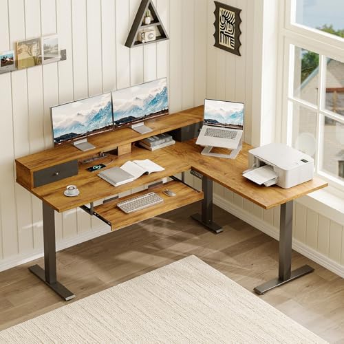 Casaottima 59" L Shaped Electric Standing Desk with Drawers, Rustic Brown