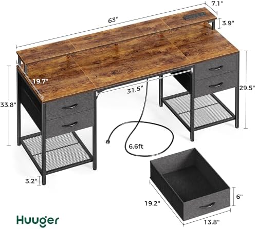 Huuger 63 inch Computer Desk with Power Outlets & 4 Drawers