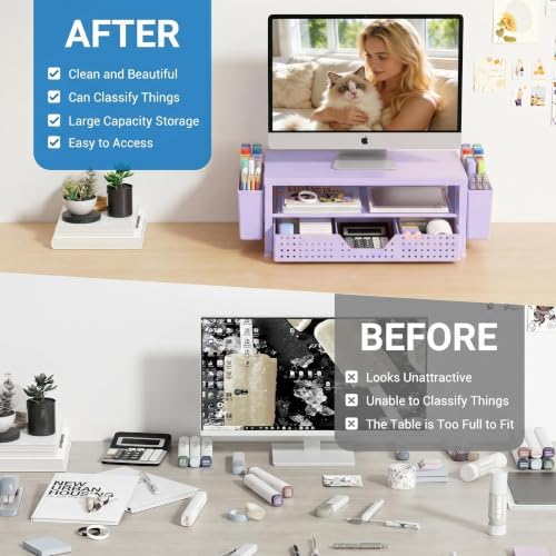 OPNICE Desk Organizers and Accessories, Computer Monitor Stand Riser with Drawer and 2 Pen Holders, Printer & Laptop Stand, Office Desk Accessories & Workspace Organizers for Home Office Supplies, Purple