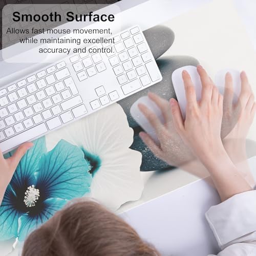 QiyI PU Leather Large Mouse Pad, Office Decor, 31.5" x 11.8", Blue Hibiscus