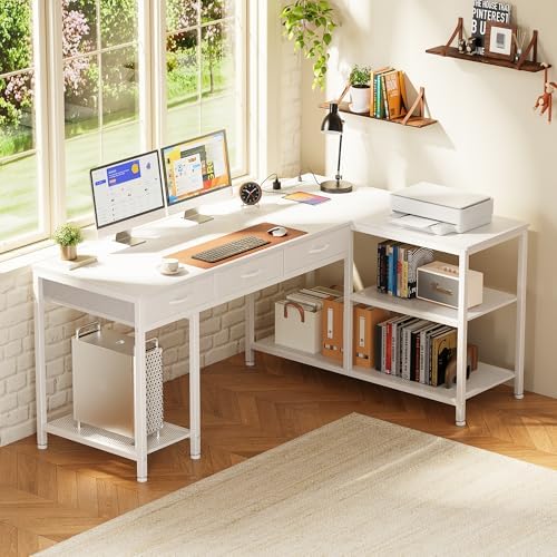 PRAISUN 55 Inch L Shaped Office Desk with Power Outlets and Type-C Port, Large Computer Gaming Desk with 3 Fabric Drawers, Mesh Shelves, Corner Study Work Writing Desk, White
