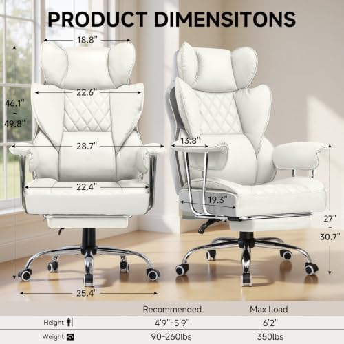 COMHOMA Big and Tall Office Chair, High Back Leather Gaming Chair with Footrest, Executive Ergonomic Office Chairs with Pocket Spring Lumbar Support and with Outward Fixed Soft Armrests
