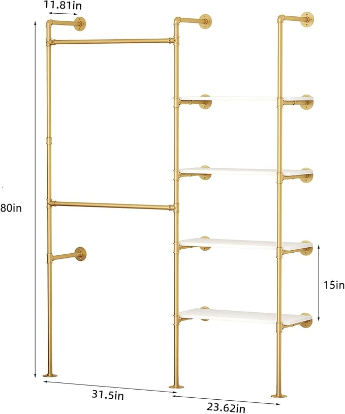 Industrial Pipe Clothing Rack, Heavy Duty Adjustable Garment Hanger with Shelves, 2 Installation Methods Closet Storage System for Wardrobe Organization (Gold, 80" H x 55" W)