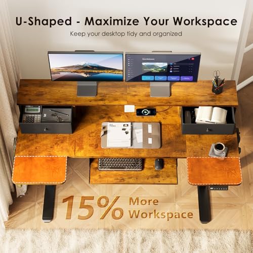 OffiGo 55 Inch U Shape Standing Desk, Keyboard Tray & Drawers, Rustic Brown
