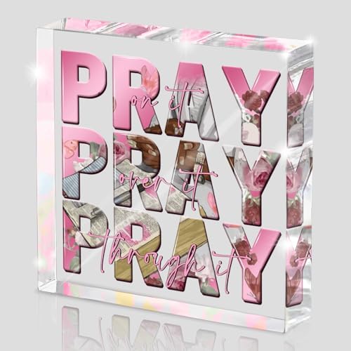 Religious Gifts for Women, Pink Inspirational Decor Pray Over It Bible Verse Art Christian Gifts, 4x 4 Inches Office Desk Accessories Decor Sign