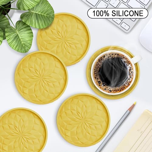 ME.FAN Silicone Coasters with Holder,[6 Pack] Drinking Coasters - Cup Mat for Hot or Cold Drinks, Thickened, Non-Slip, Non-stick,Deep Tray Yellow