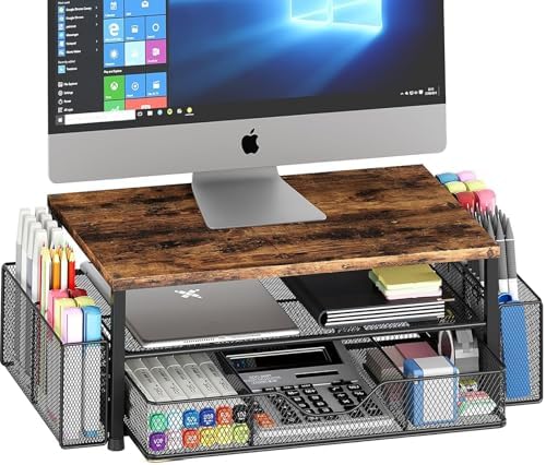 OPNICE Desk Organizer and Accessories, 2-Tier Computer Monitor Stand Riser with Drawer and 2 Pen Holders, Laptop Stand, Office Desk Accessories for Office Supplies, Brown