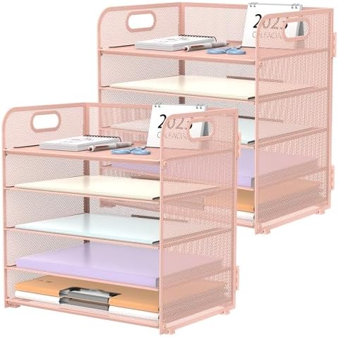 2 Pack 5-Tier Pink Desk Organizer with Handle Mesh Desk File/Paper Organizer Letter Tray for Office, School, Classroom and Home Easy Installation