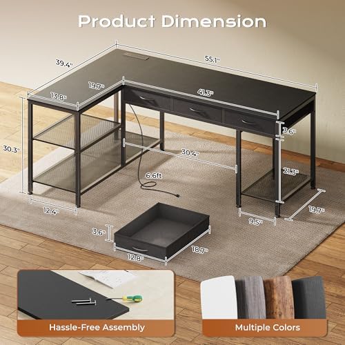 PRAISUN 55 Inch L Shaped Office Desk with Power Outlets and Type-C Port, Large Computer Gaming Desk with 3 Fabric Drawers, Mesh Shelves, Corner Study Work Writing Desk, Black