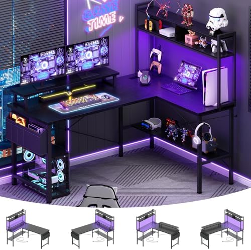 Aheaplus L Shaped Gaming Desk with Power Outlets & LED Lights, Black