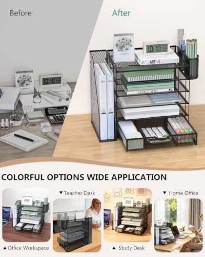 WALI Desk File Organizer, 6 Tier Desktop Paper Letter Tray Organizer with Drawer and 2 Pen Holders, Office Desk Accessories & Workspace Organizers for Office, Home Supplies(DO007DH-B), 1 Pack, Black