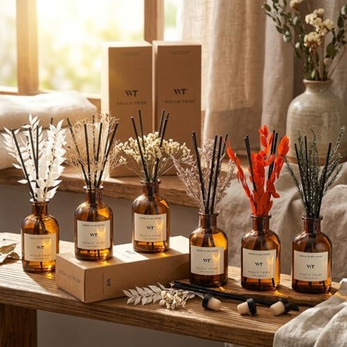 WEALD TRIBE Reed Diffuser Set for Bathroom Air Fresheners, Oil Diffuser Sticks | White Tea Scent 4.0 fl oz Home Fragrance with Sticks Defusers | House Bedroom Office Shelf Decor