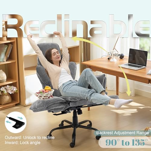 Flip Armrests Criss Cross Office Chair, Reclining Office Chair with Foot Rest, Adjustable Headrest, Massage Waist Pillow, Cross Legged Big and Tall Desk Chair Wide Seat Vanity Chair, Grey Fabric