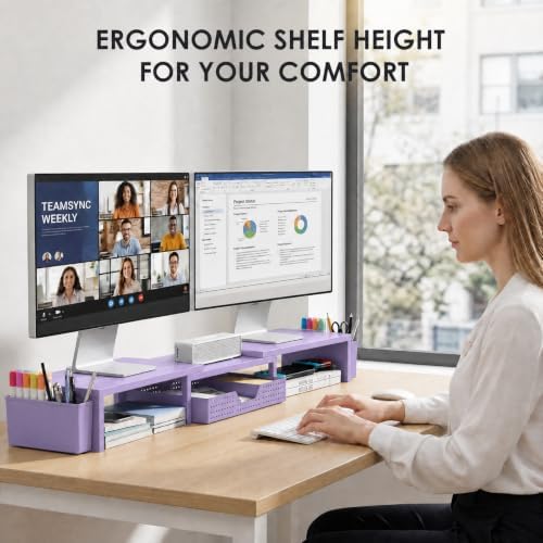 OPNICE Desk Organizers and Accessories, Dual Monitor Stand Riser with Drawer and 2 Pen Holders, Desk Shelf Computer Racks for Office Workspace Organizers, Desktop Organization (Purple)