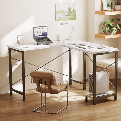 DUMOS 50-Inch Reversible L Shaped Desk with CPU Shelf, White