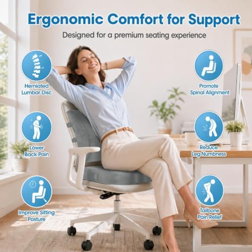 CloudBliss Lumbar Support Pillow & Seat Cushion Set for Office Chair,Desk Chair,Wheelchair & Car–Memory Foam Back Support, Ergonomic Chair Cushions, Sciatica Pain Relief,Home Essentials(Light Grey,XL)