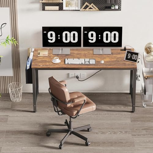 Lufeiya Gaming Desk with Power Outlet, 55 inch Teen Study Table Home Office Work Writing Computer Desks with Charging Station Outlets Built in, Brown