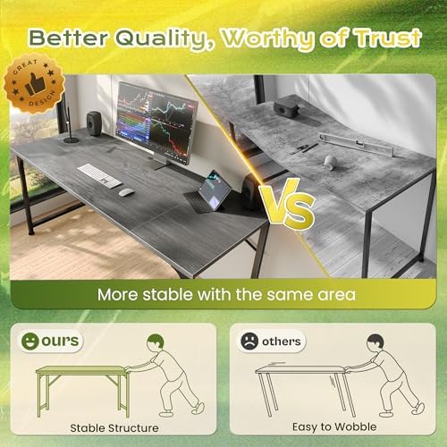 PRAISUN 55 Inch Computer Desk, Office Desk, Spacious Desktop, Grey