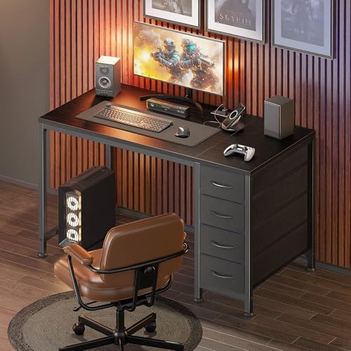 PRAISUN 39.4 Inch Computer Office Desk with Power Outelts and USB-C Port, Reversible Gaming Desk with 4 Fabric Drawers, Work Study Desk Work from Home, Black