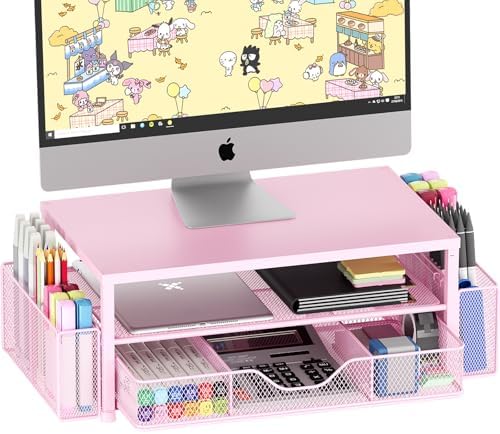 OPNICE Desk Organizer and Accessories, 2-Tier Computer Monitor Stand Riser with Drawer and 2 Pen Holders, Laptop Stand, Office Desk Accessories for Office Supplies, Pink