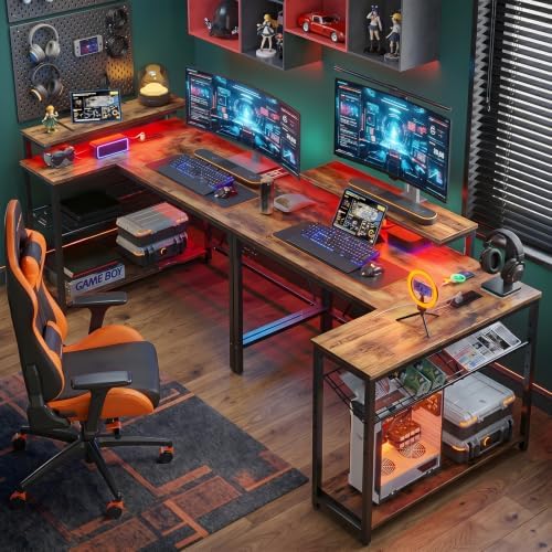 Bestier 42-Inch L-Shaped Gaming Desk with Charging & LED, Rustic Brown