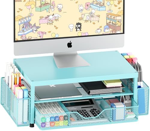 OPNICE Desk Organizer and Accessories, 2-Tier Computer Monitor Stand Riser with Drawer and 2 Pen Holders, Laptop Stand, Office Desk Accessories for Office Supplies, Teal Blue